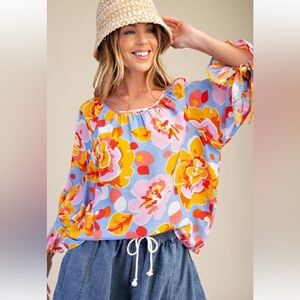 863 1X - 3X ❤️ EASEL PLUS SIZE-FLORAL PRINTED MIRABELLE SATIN BLOUSE